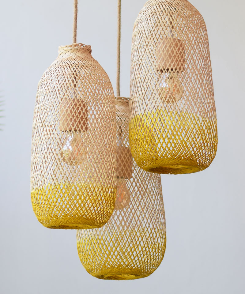Yellow Two Tone Bamboo Pendant Light Set - Triple Cluster Canopy